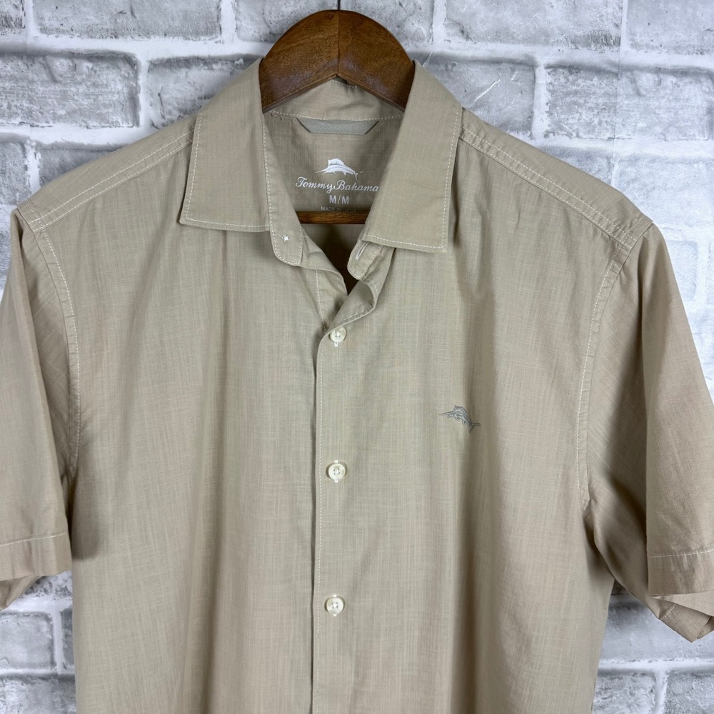 Tommy Bahama Mens Medium Tan Cotton Short Sleeve Button Down Marlin Logo Shirt
